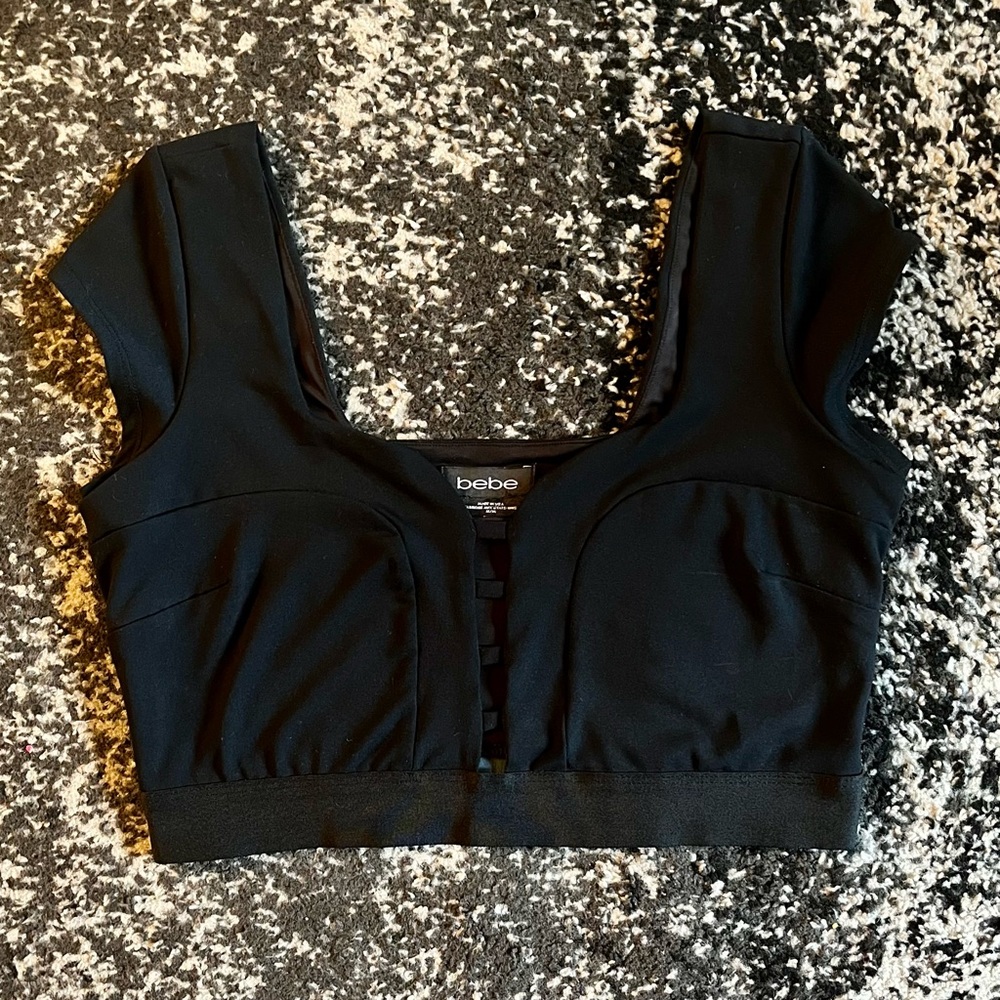Bebe Cap Sleeve Ladder Front Cut Out Bustier Crop Top